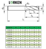 <strong>Lörken</strong>-Vollhartmetall-HPC-Fräser, ø = 6 mm, Schneidenlänge l2 =  13 mm, Gesamtlänge l1 = 57 mm, ungleiche Teilung mit 35°/38°-Spirale, Z=4
<br/>Halsfreistich, Weldonschaft ø 6