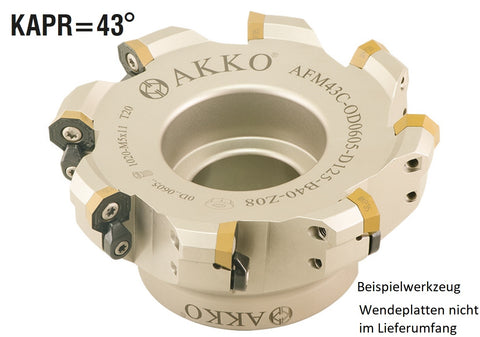 AKKO Planmesserkopf ø 125 mm, 43° Anstellwinkel, kompatibel mit Walter OD.. 0605..
<br/>Schaft-Ausführung ø 40 mm (Typ B), ohne Innenkühlung, Z=8