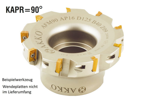 <strong>AKKO</strong>-Eckmesserkopf ø 50 mm, 90° Anstellwinkel, kompatibel mit ISO AP.. 1604..
<br/>Schaft-Ausführung ø 22 mm (Typ A), mit Innenkühlung, Z=5
