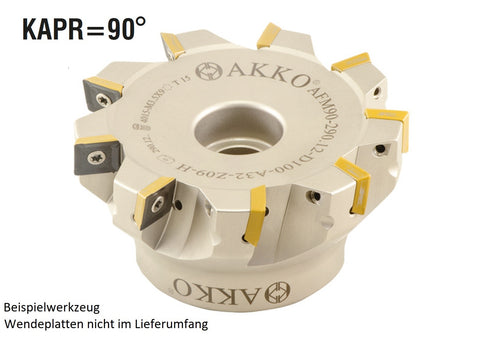 AKKO Eckmesserkopf ø 100 mm, 90° Anstellwinkel, kompatibel mit Sandvik R290 12T3..
<br/>Schaft-Ausführung ø 32 mm (Typ A), mit Innenkühlung, Z=9