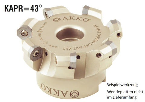 AKKO Planmesserkopf ø 80 mm, 43° Anstellwinkel, kompatibel mit Walter OD.. 0504..
<br/>Schaft-Ausführung ø 27 mm (Typ A), mit Innenkühlung, Z=7