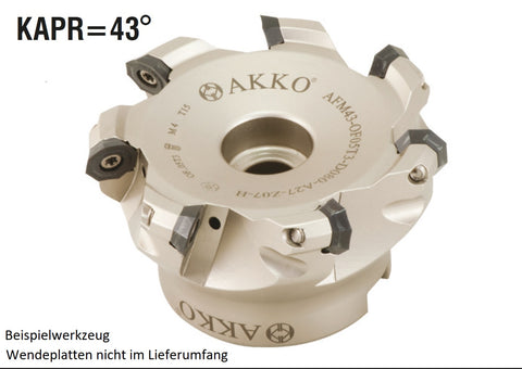 AKKO Planmesserkopf ø 80 mm, 43° Anstellwinkel, kompatibel mit ISO OF.. 05T3..
<br/>Schaft-Ausführung ø 27 mm (Typ A), mit Innenkühlung, Z=7