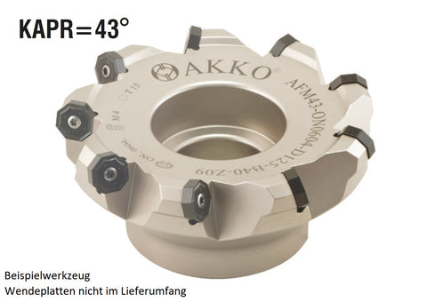 AKKO Planmesserkopf ø 63 mm, 43° Anstellwinkel, kompatibel mit ZCC ON.. 0604..
<br/>Schaft-Ausführung ø 22 mm (Typ A), mit Innenkühlung, Z=6