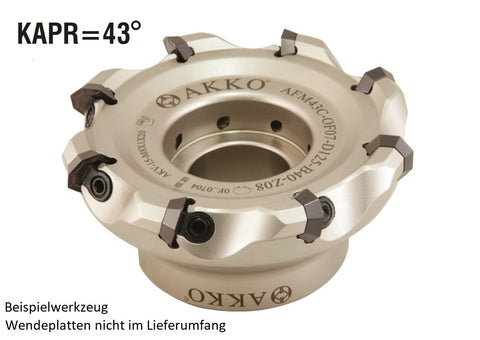 AKKO Planmesserkopf ø 125 mm, 43° Anstellwinkel, kompatibel mit ISO OF.. 0704..
<br/>Schaft-Ausführung ø 40 mm (Typ B), ohne Innenkühlung, Z=8