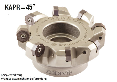 AKKO Planmesserkopf ø 100 mm, 45° Anstellwinkel, kompatibel mit Mitsubishi NNMU 2007..
<br/>Schaft-Ausführung ø 32 mm (Typ A), mit Innenkühlung, Z=7