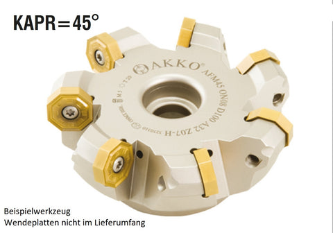 AKKO Planmesserkopf ø 80 mm, 45° Anstellwinkel, kompatibel mit ISO ON.. 0806..
<br/>Schaft-Ausführung ø 27 mm (Typ A), mit Innenkühlung, Z=6