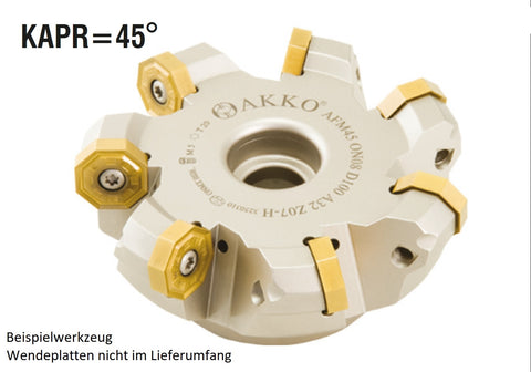 AKKO Planmesserkopf ø 100 mm, 45° Anstellwinkel, kompatibel mit ISO ON.. 0806..
<br/>Schaft-Ausführung ø 32 mm (Typ A), mit Innenkühlung, Z=7