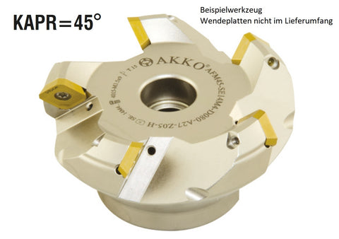 AKKO Planmesserkopf ø 80 mm, 45° Anstellwinkel, kompatibel mit Korloy SE.. 14M4..
<br/>Schaft-Ausführung ø 27 mm (Typ A), mit Innenkühlung, Z=5