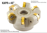 AKKO Planmesserkopf ø 63 mm, 45° Anstellwinkel, kompatibel mit Taegutec XNMU 0906..
<br/>Schaft-Ausführung ø 22 mm (Typ A), mit Innenkühlung, Z=6