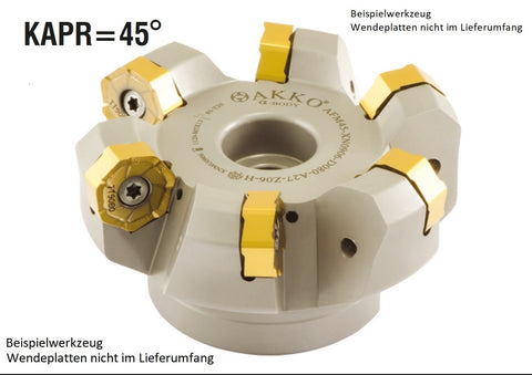 AKKO Planmesserkopf ø 63 mm, 45° Anstellwinkel, kompatibel mit Taegutec XNMU 0906..
<br/>Schaft-Ausführung ø 22 mm (Typ A), mit Innenkühlung, Z=6