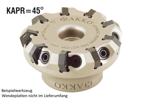 AKKO Planmesserkopf ø 100 mm, 45° Anstellwinkel, kompatibel mit Widia HN.. 0905..
<br/>Schaft-Ausführung ø 32 mm (Typ A), ohne Innenkühlung, Z=11