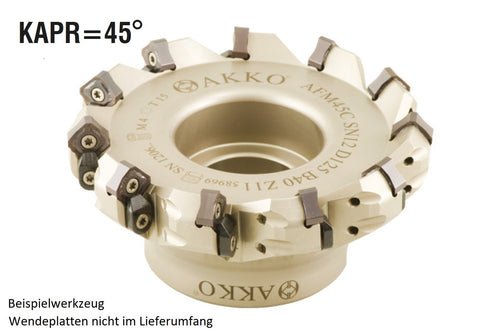 AKKO Planmesserkopf ø 63 mm, 45° Anstellwinkel, kompatibel mit Walter / Palbit / Böhlerit SN.. 1206..
<br/>Schaft-Ausführung ø 22 mm (Typ A), mit Innenkühlung, Z=7