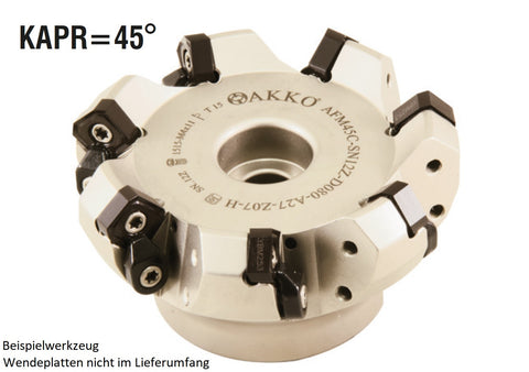 AKKO Planmesserkopf ø 80 mm, 45° Anstellwinkel, kompatibel mit ZCC SNEG 1205..
<br/>Schaft-Ausführung ø 27 mm (Typ A), mit Innenkühlung, Z=7