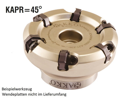 AKKO Planmesserkopf ø 200 mm, 45° Anstellwinkel, kompatibel mit Dijet XNMU 0806..
<br/>Schaft-Ausführung ø 60 mm (Typ C), ohne Innenkühlung, Z=12