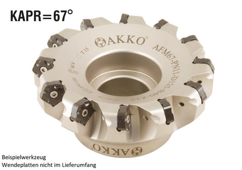 AKKO Planmesserkopf ø 63 mm, 67° Anstellwinkel, kompatibel mit ZCC PNEG 1105..
<br/>Schaft-Ausführung ø 22 mm (Typ A), ohne Innenkühlung, Z=6