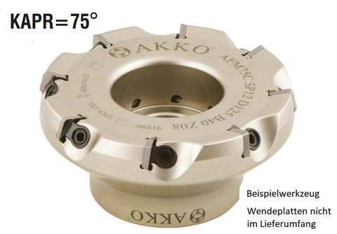 AKKO Planmesserkopf ø 50 mm, 75° Anstellwinkel, kompatibel mit ISO SPKN 1203..
<br/>Schaft-Ausführung ø 22 mm (Typ A), ohne Innenkühlung, Z=4