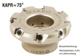 AKKO Planmesserkopf ø 125 mm, 75° Anstellwinkel, kompatibel mit ISO SPKN 1203..
<br/>Schaft-Ausführung ø 40 mm (Typ B), ohne Innenkühlung, Z=8