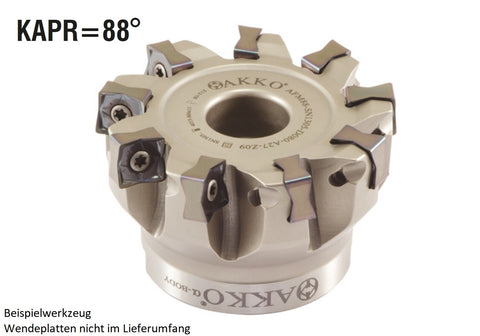 AKKO Eckmesserkopf ø 50 mm, 88° Anstellwinkel, kompatibel mit Kyocera SNMU 1305..
<br/>Schaft-Ausführung ø 22 mm (Typ A), ohne Innenkühlung, Z=5