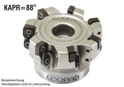 AKKO Eckmesserkopf ø 63 mm, 88° Anstellwinkel, kompatibel mit ZCC SNEG 1205..
<br/>Schaft-Ausführung ø 22 mm (Typ A), mit Innenkühlung, Z=6