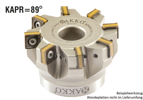 AKKO Eckmesserkopf ø 63 mm, 89° Anstellwinkel, kompatibel mit Iscar SNMU 1305..
<br/>Schaft-Ausführung ø 22 mm (Typ A), mit Innenkühlung, Z=7