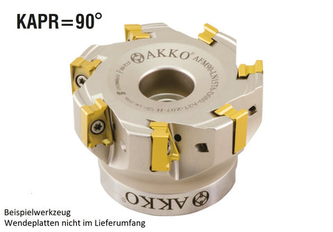 AKKO Eckmesserkopf ø 63 mm, 90° Anstellwinkel, kompatibel mit Kennametal LNGU 15T6..
<br/>Schaft-Ausführung ø 22 mm (Typ A), mit Innenkühlung, Z=6