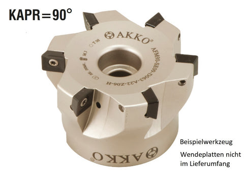 AKKO Eckmesserkopf ø 50 mm, 90° Anstellwinkel, kompatibel mit ZCC SEET 09T3..
<br/>Schaft-Ausführung ø 22 mm (Typ A), mit Innenkühlung, Z=5