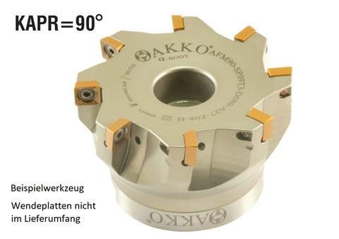 AKKO Eckmesserkopf ø 63 mm, 90° Anstellwinkel, kompatibel mit Sandvik SPMT 09T3..
<br/>Aufnahmebohrung ø 22 mm (Typ A), mit Innenkühlung, Z=7
