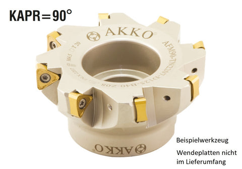 AKKO Eckmesserkopf ø 63 mm, 90° Anstellwinkel, kompatibel mit Taegutec TN.X 2207..
<br/>Schaft-Ausführung ø 22 mm (Typ A), mit Innenkühlung, Z=4