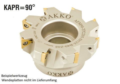 AKKO Eckmesserkopf ø 80 mm, 90° Anstellwinkel, kompatibel mit Taegutec TPKT 2205..
<br/>Schaft-Ausführung ø 27 mm (Typ A), ohne Innenkühlung, Z=6