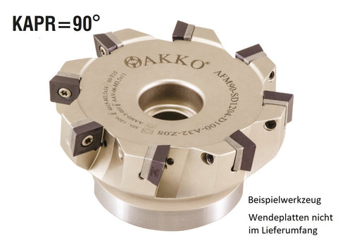 AKKO Eckmesserkopf ø 50 mm, 90° Anstellwinkel, kompatibel mit Dijet SDMT 1204..
<br/>Schaft-Ausführung ø 22 mm (Typ A), mit Innenkühlung, Z=4