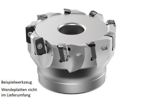 AKKO Hochvorschub-Messerkopf für Wendeplatten, ø 63 mm, kompatibel mit Kyocera LOGU 0303..
<br/>Schaft-Ausführung ø 22 (Typ A), mit Innenkühlung, Z=9