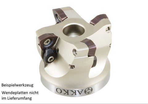 AKKO Hochvorschub-Messerkopf für Wendeplatten, ø 100 mm, kompatibel mit Mitsubishi JDMW 1204..
<br/>Schaft-Ausführung ø 32 (Typ A), mit Innenkühlung, Z=7