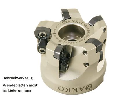 AKKO Hochvorschub-Messerkopf für Wendeplatten, ø 63 mm, kompatibel mit Dijet WD.W 0805..
<br/>Schaft-Ausführung ø 27 (Typ A), mit Innenkühlung, Z=5