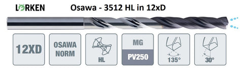 12xD-VHM-Tieflochbohrer, ø 3.2 mm, Osawa Typhoon
<br/>mit Innenkühlung, beschichtet, Hauptanwendung: Stahl, VA, Guss