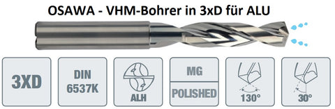 VHM-Bohrer für Alu, Bohrtiefe 3xD, ø 9.5 mm
<br/>Osawa Typhoon, mit Innenkühlung, unbeschichtet