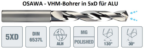 VHM-Bohrer für Alu, Bohrtiefe 5xD, ø 6.0 mm
<br/>Osawa Typhoon, mit Innenkühlung, beschichtet, Hauptanwendung: ALU