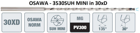 30xD-VHM-Tieflochbohrer, ø 1.5 mm, Osawa Typhoon Mini<br/>mit Innenkühlung, beschichtet, Hauptanwendung: Stahl, VA, Guss